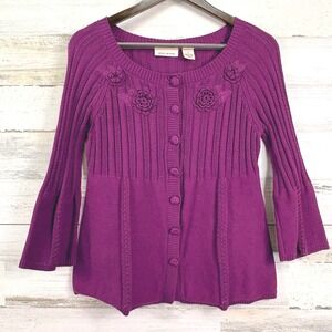 DKNY Jeans Purple Peplum Button Up Cardigan Sweater Applique Floral‎ Bell Slv M